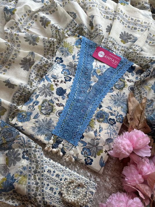 Crochet lace pure cotton cream base floral suit set with tassels