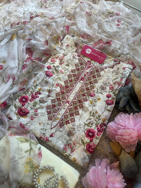 Red floral garden cambric cotton suit with chiffon printed dupatta
