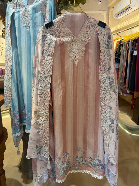 Stripy pure Mul pastel suit set with Dori weave and floral dupatta
