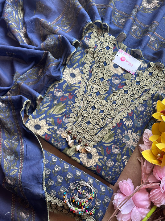 Crochet work pure cotton floral suit set with cotton dupattas