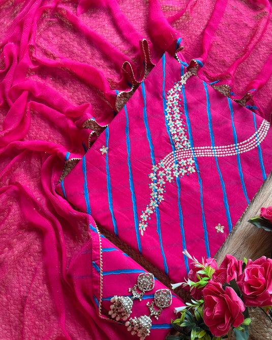 Jewelled pita neck pure cotton lehria print suits with chiffon highlights dupatta