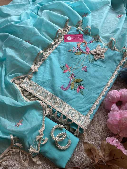 Wool mirror work Mul Chanderi sets with tassel dupatta