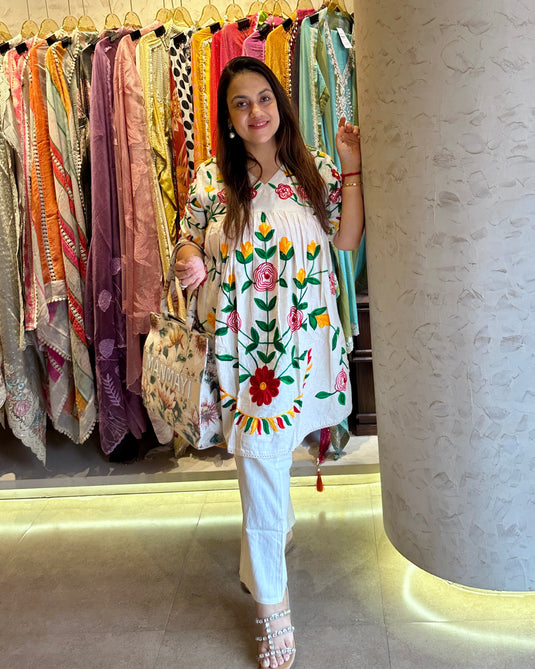 Phulkari work cream cotton coord set