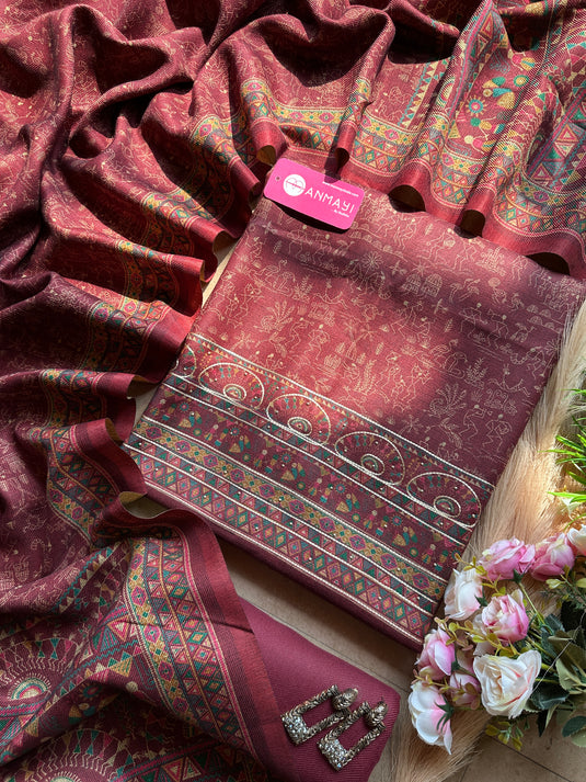 Warli print highlighted spun suit set