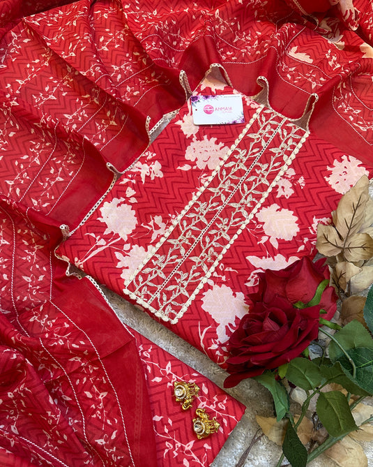Bright red pure cotton floral print suit set
