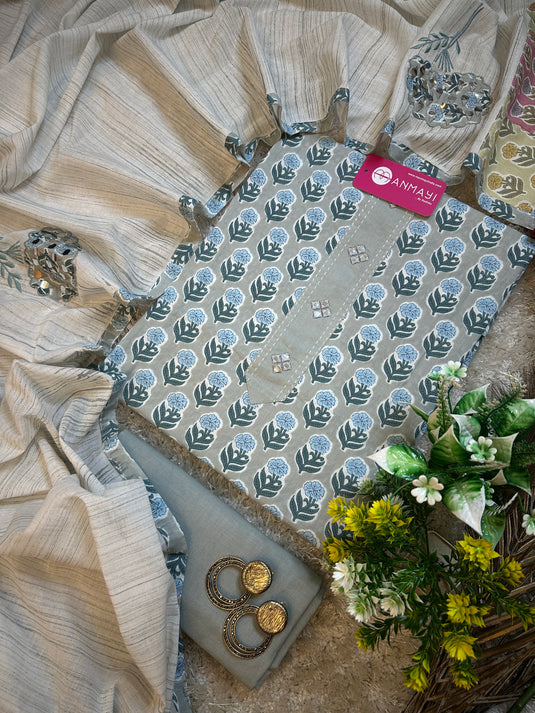 Block print Jaipuri fine cotton suit with paper mirror work