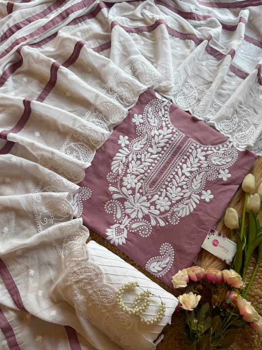 Chikankari neck cotton suit set with Hakooba bottom and dupatta