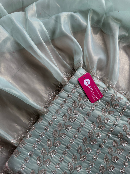 Hand embroidered cutdana work shimmer organza suit set