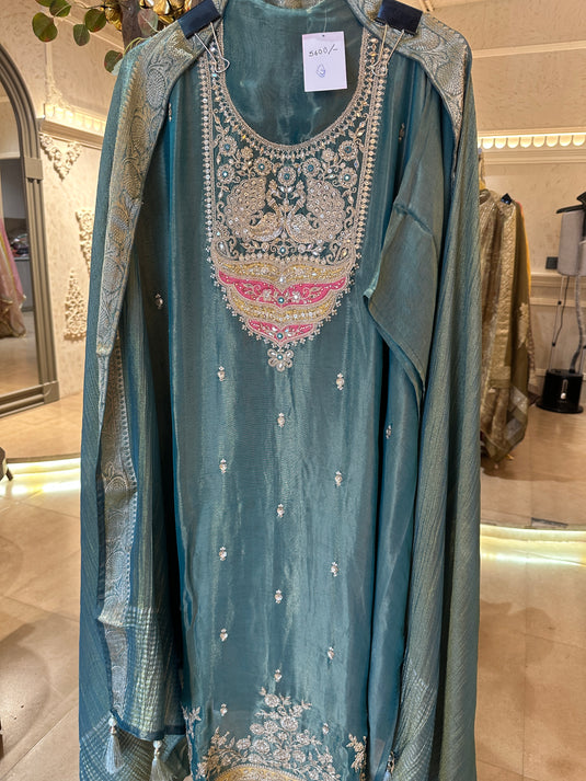 Article 13 teal green anarkali neck