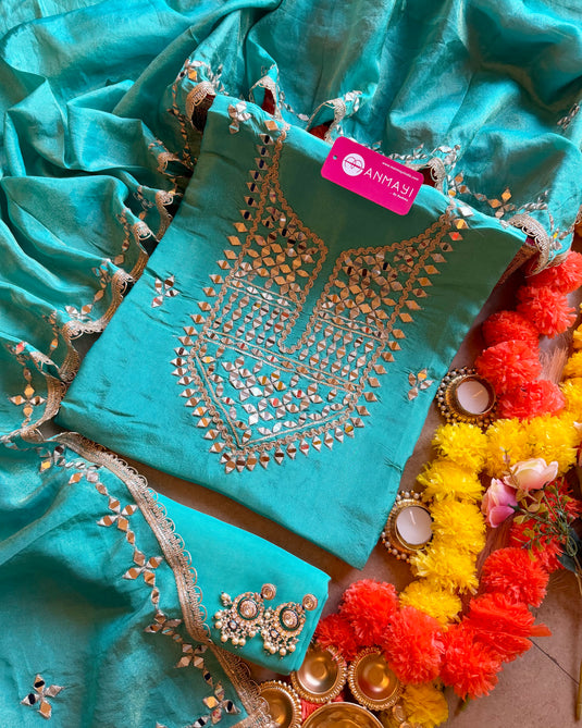 Mirror work shimmer silk wedding suit set