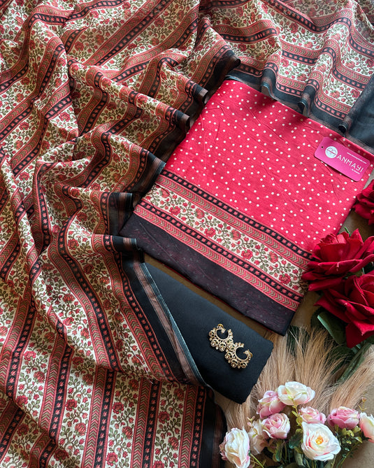 Small polka dots pure Maheshwari suit set with Kani print dupatta