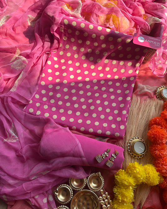 Mini polka dots pure crepe suit set with floral chiffon dupatta
