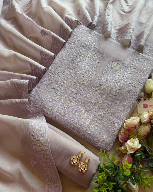Chikankari work pure Mul Chanderi suit set