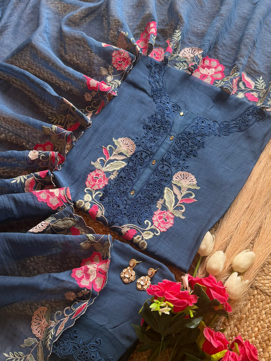 Intricate thread schiffli work pure mul cotton suit