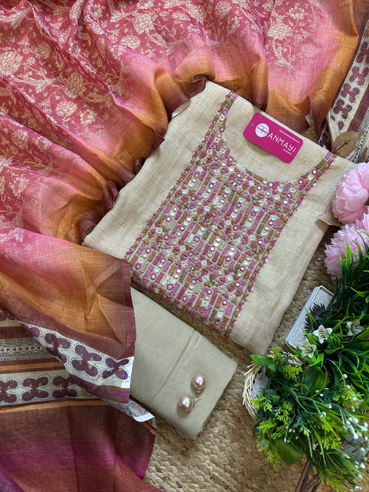 Ombré effect Kantha mirror neck shimmer linen suit with print dupatta