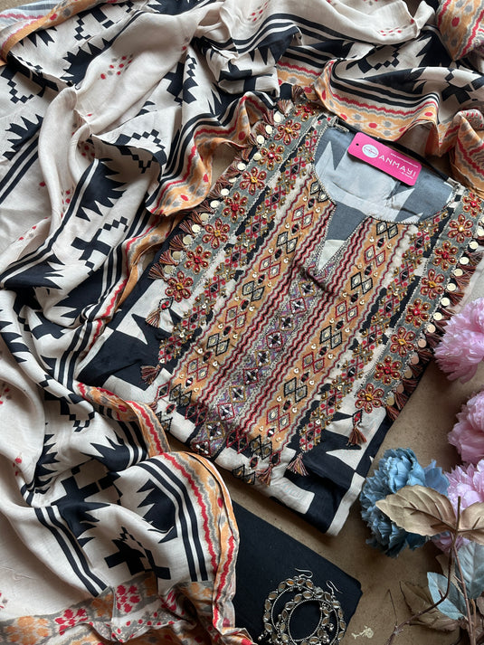 Ikkat print muslin suit set with coin work neck