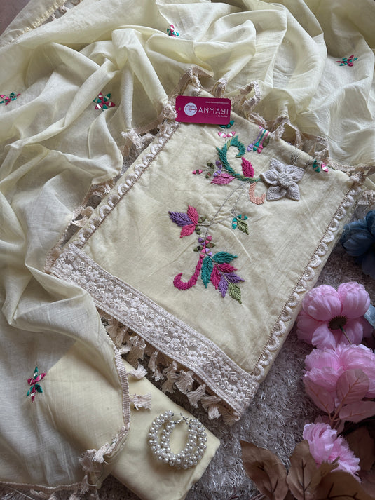 Wool mirror work Mul Chanderi sets with tassel dupatta