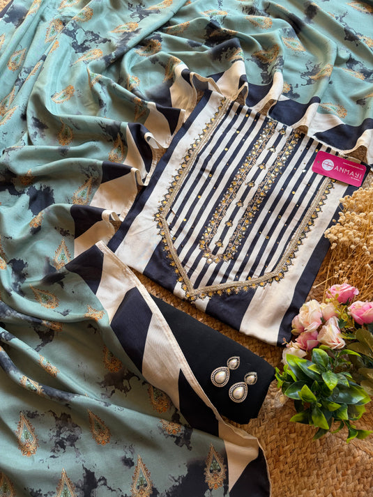 Muslin stripes combination dupatta semi stitched suit set