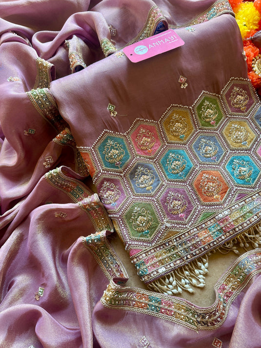 Shimmer silk coloured motif work suit set with silk bottom