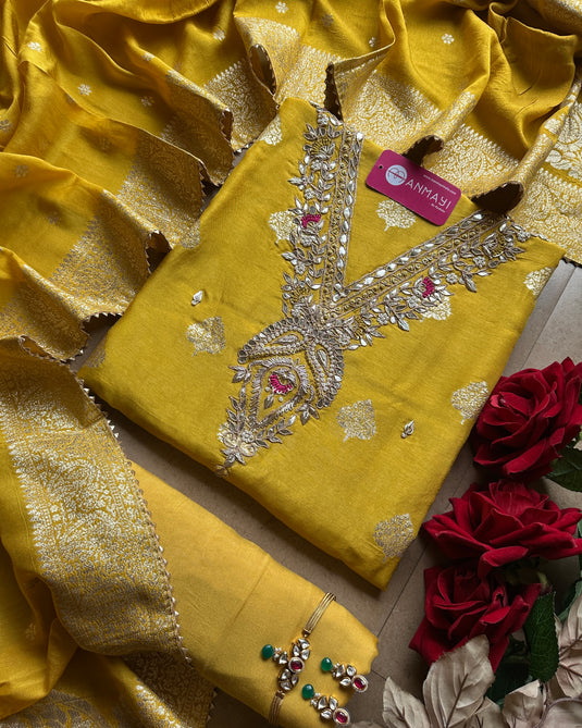 Pita work neck Banarasi dolla silk suit set