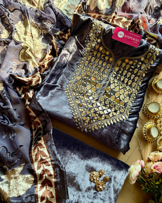 Mirror work micro velvet suit set