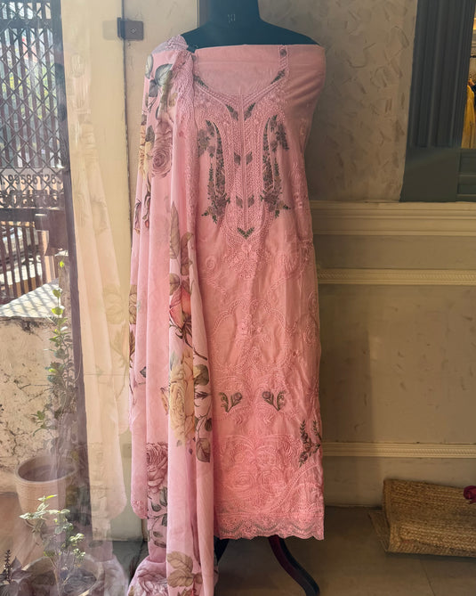 Pakistani Mul Chanderi self embroidery suit set with digital dupatta