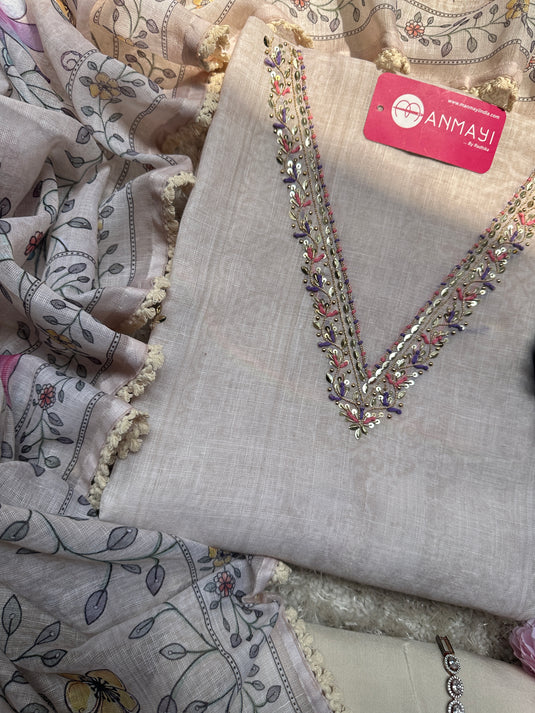 Ivory linen embroidered v neck suit set with digital print dupatta