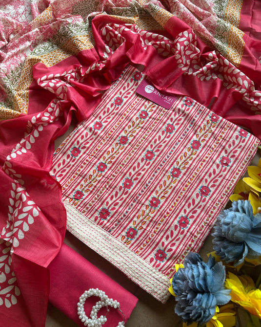 Katha work printed cambric cotton suit set