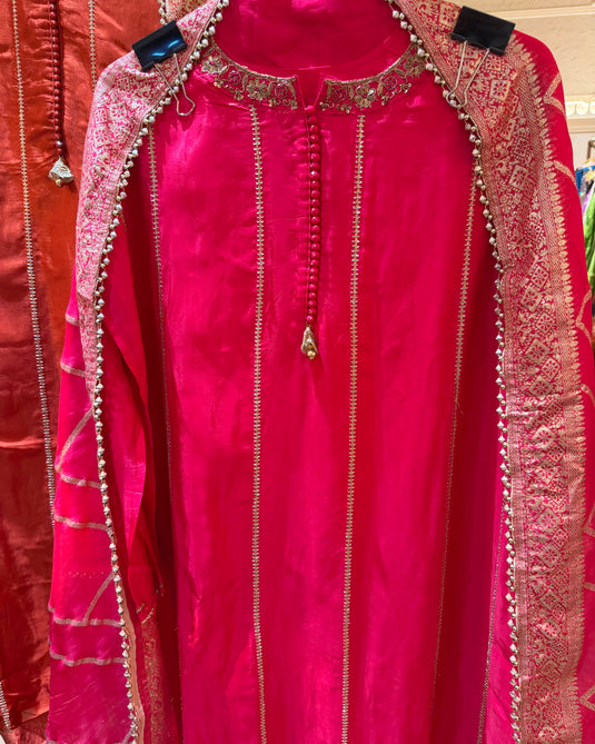 Upada Silk gotta work semi stitched suit set with banarasi dupatta