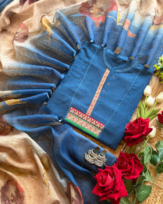 Handloom cotton shirt neck with brocade suit set