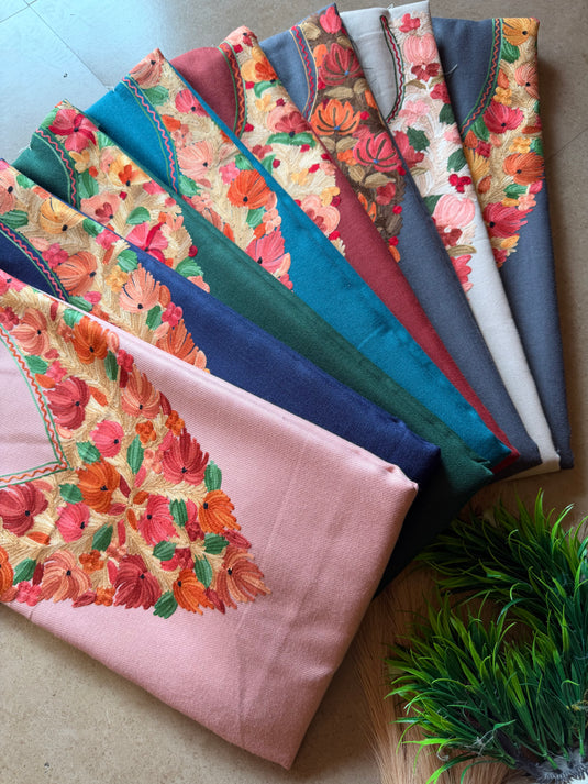Soft shade Kashmiri coord set with coloured aari work