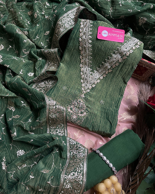 Crushed silk gotta neck suit with zari jaal dupatta