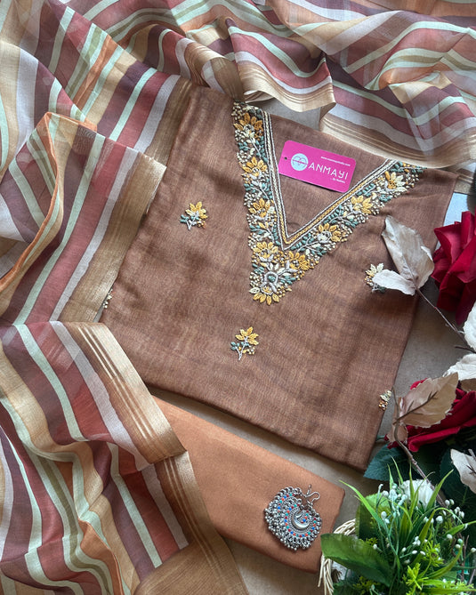 Tussar silk French knot work v neck suit set