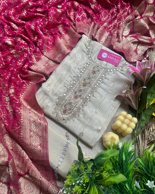 Organza golden print suit with heavy Ghadchola dupatta