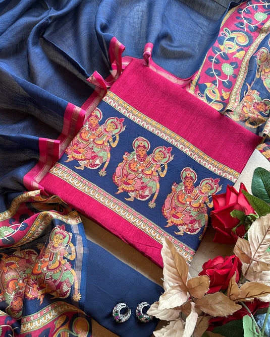 Goddess print border pure Maheshwari combination suit set