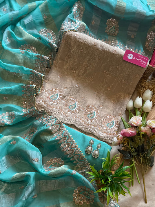 Shimmer Organza Embroidered rose gold suit set with combination dupatta