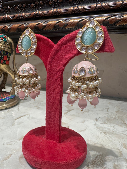 Pink pearl drop jhumka