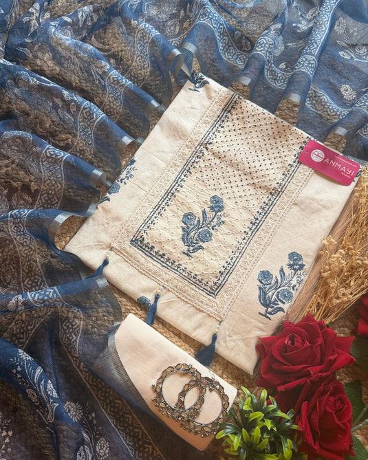 Organic cotton cream indigo suit set with Kota dupatta