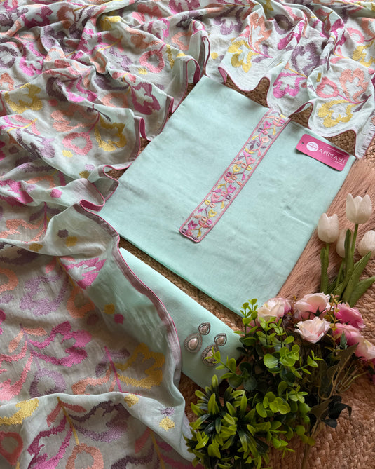 Mul Chanderi pastel embroidered dupatta suit set