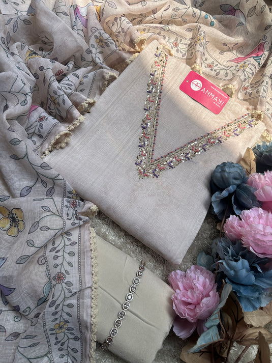 Ivory linen embroidered v neck suit set with digital print dupatta