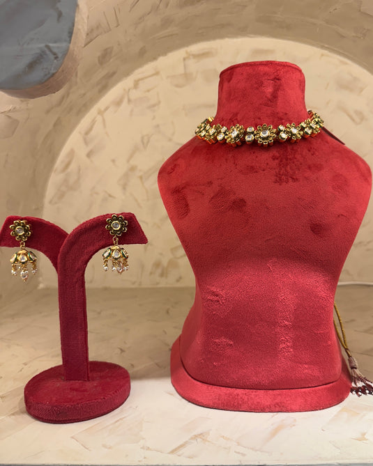 3D flower antique Kundan suit set with jhumkis