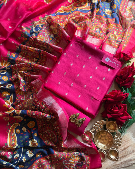 Hot Pink Banarasi pure silk suit with print dupatta