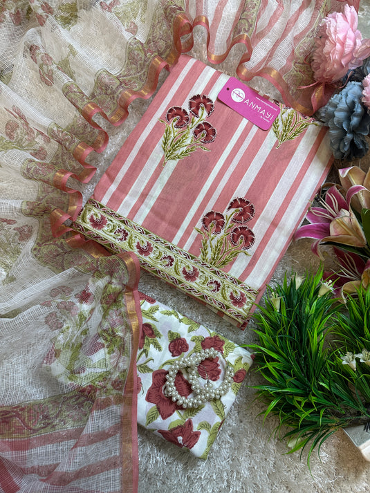Pure Cotton stripy block print suit with soft Kota dupatta