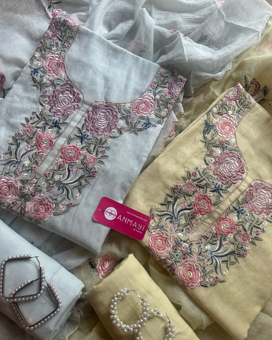 Parsi work Mul Chanderi suit set