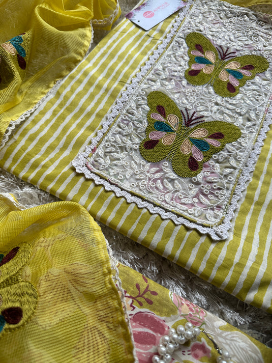 Butterfly motif printed cambric cotton suit set
