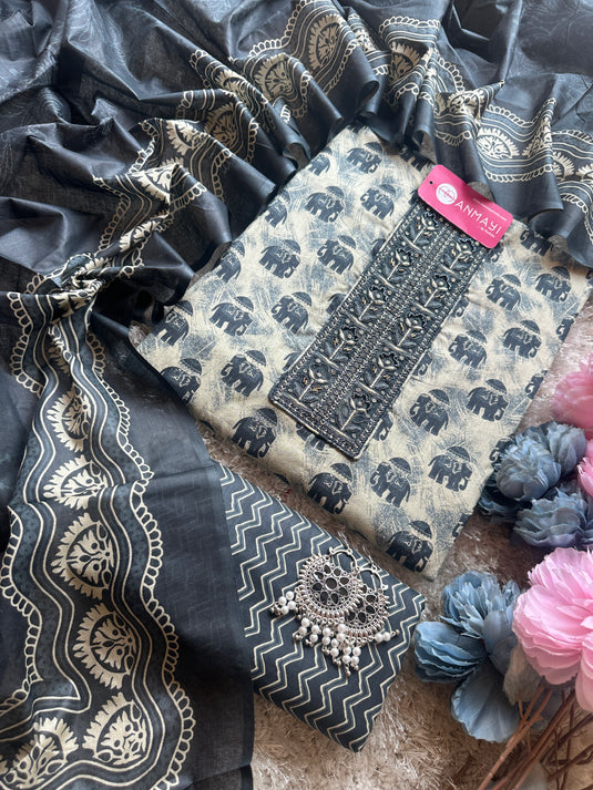 Elephant print cambric cotton suit set with cotton dupatta