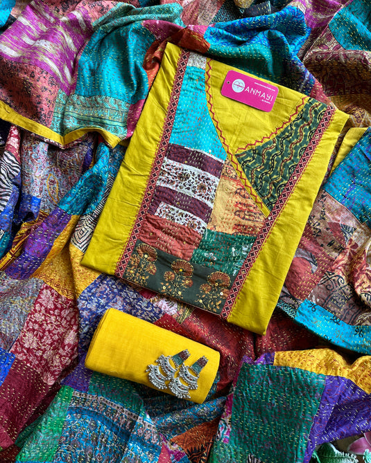Kantha neck yellow patched cotton suit with Bengal Kantha embroidered dupatta