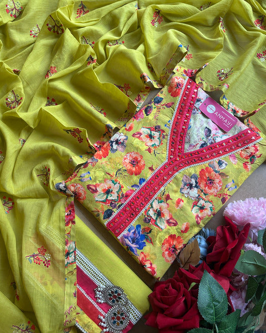 Lime green printed pure cotton suit set with embroidered dupatta