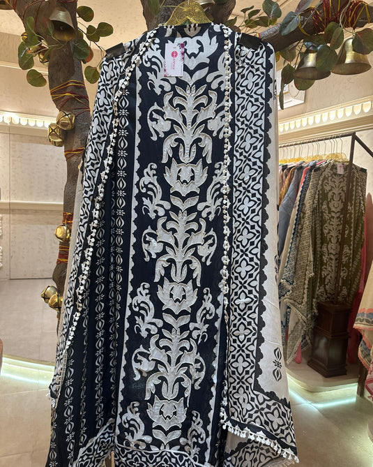 Pure muslin panel print suit with pearl details