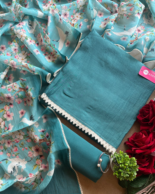 All over pure mul suit set with printed dupatta